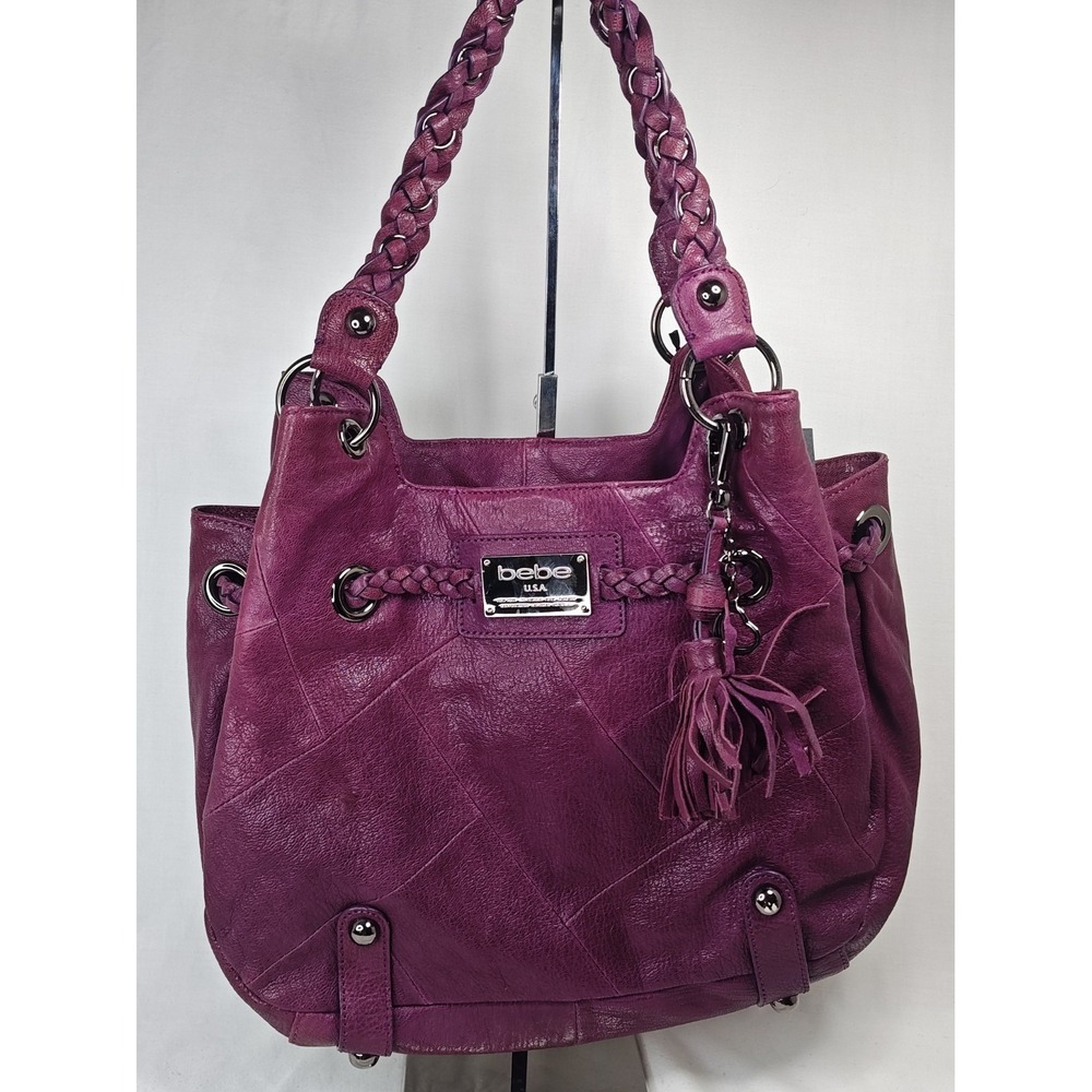 Bebe Womens Purple Genuine Leather Hobo Shoulder Bag Braided Strap Tassel Studde